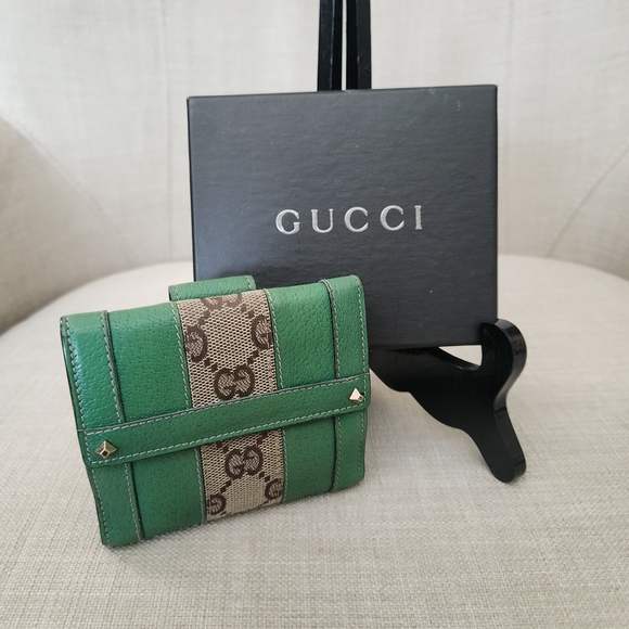 Gucci Vintage GG Studded Canvas Leather Moss Green Olive Folding Wallet - Picture 1 of 16